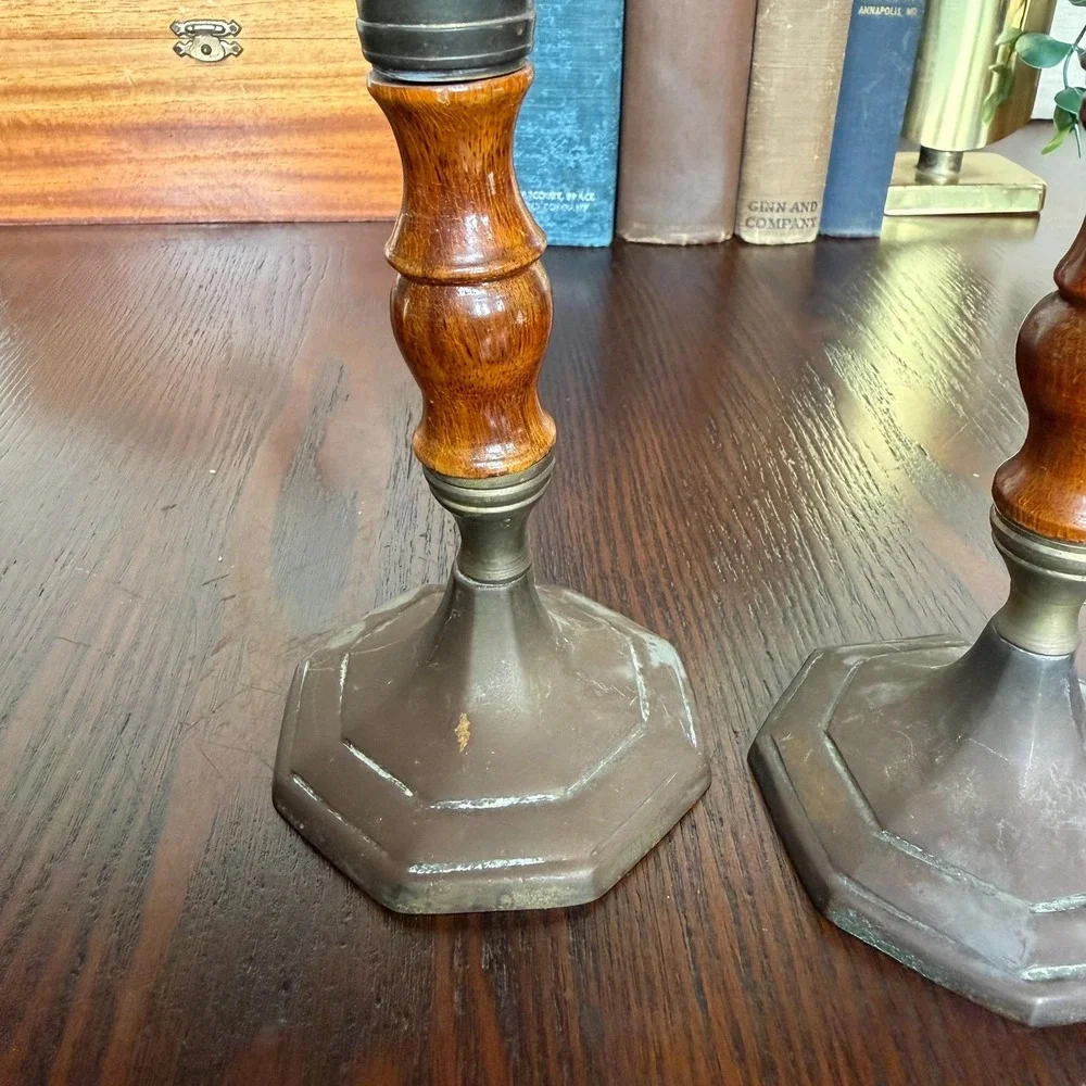 Vintage Brass & Wood Candlesticks Pair